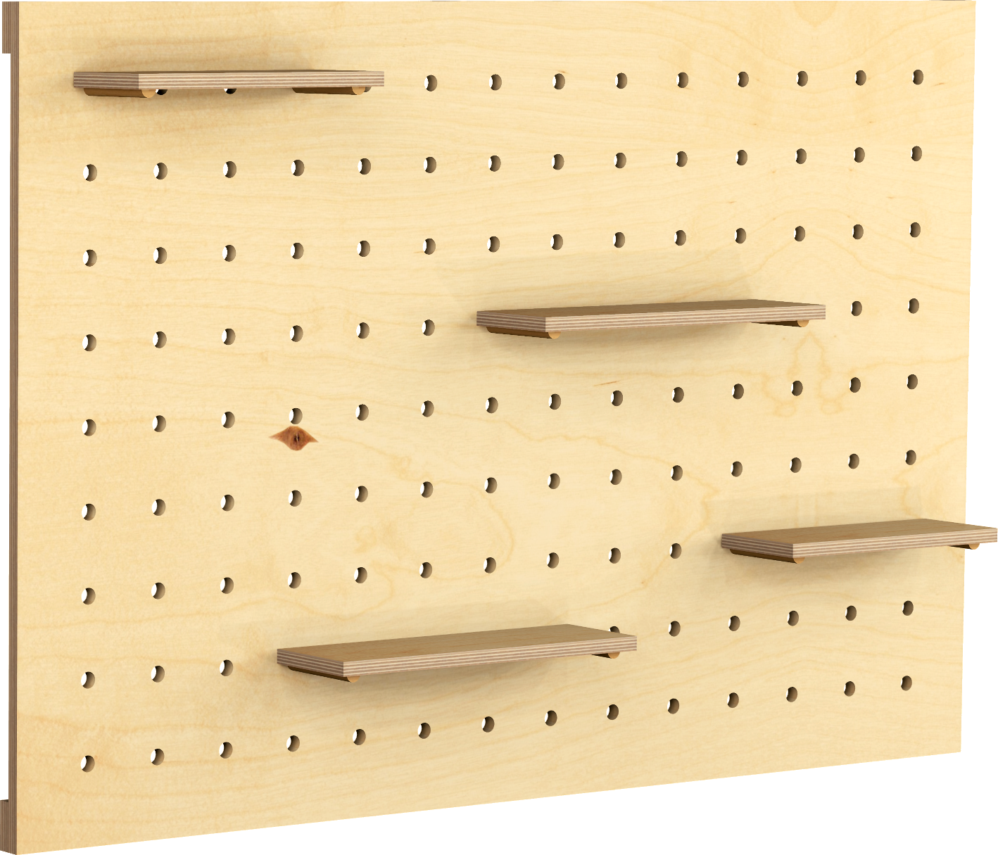 pegboard met stokken en schappen