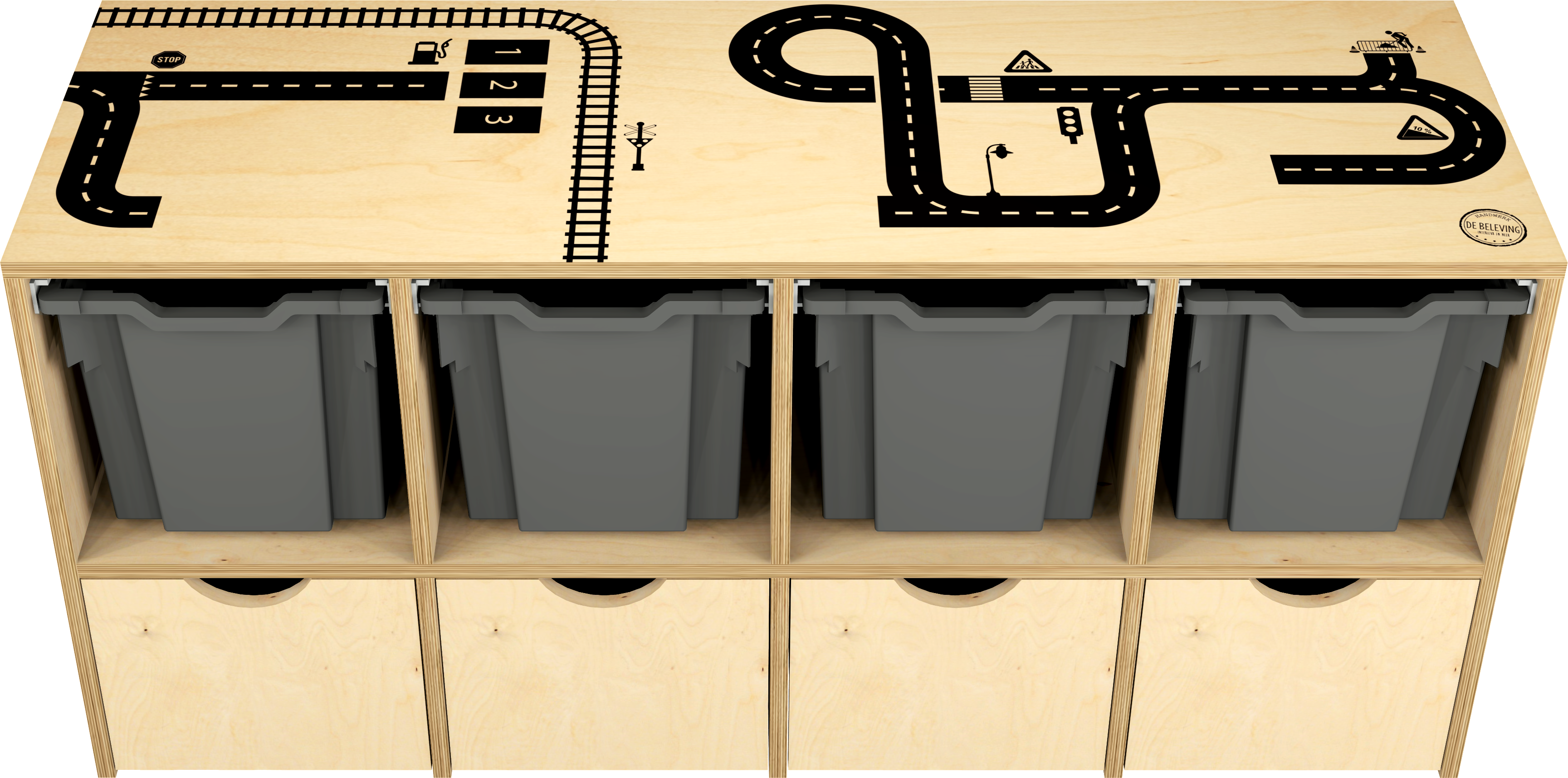 bouwkast met 4 lades en 4 bakken en print